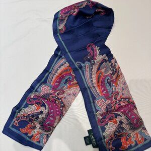 Ralph Lauren paisley-patterned silk scarf in navy blue with multicolored borders